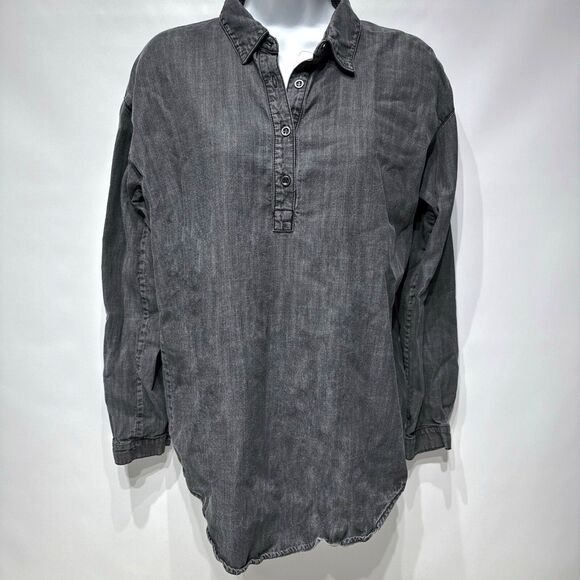 Eileen Fisher Organic Chambray Denim 1/4 Button Long Sleeve Top Women's XS - Picture 3 of 11